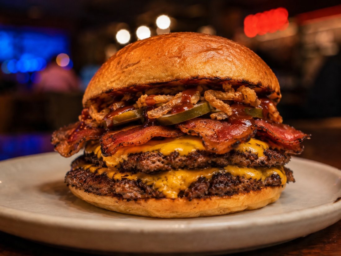Burger Le Boucan — double steak smashé, double cheddar, bacon