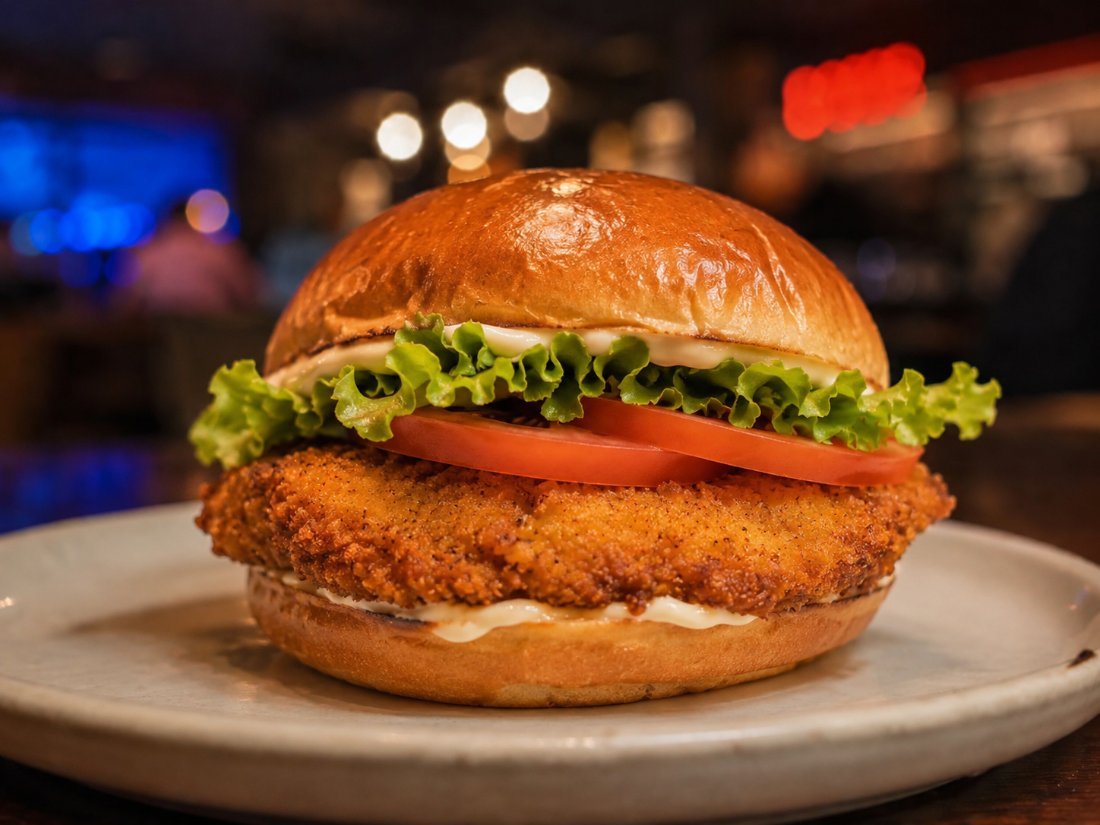 Burger Le Tropik — filet de poulet pané, salade, tomate, mayonnaise